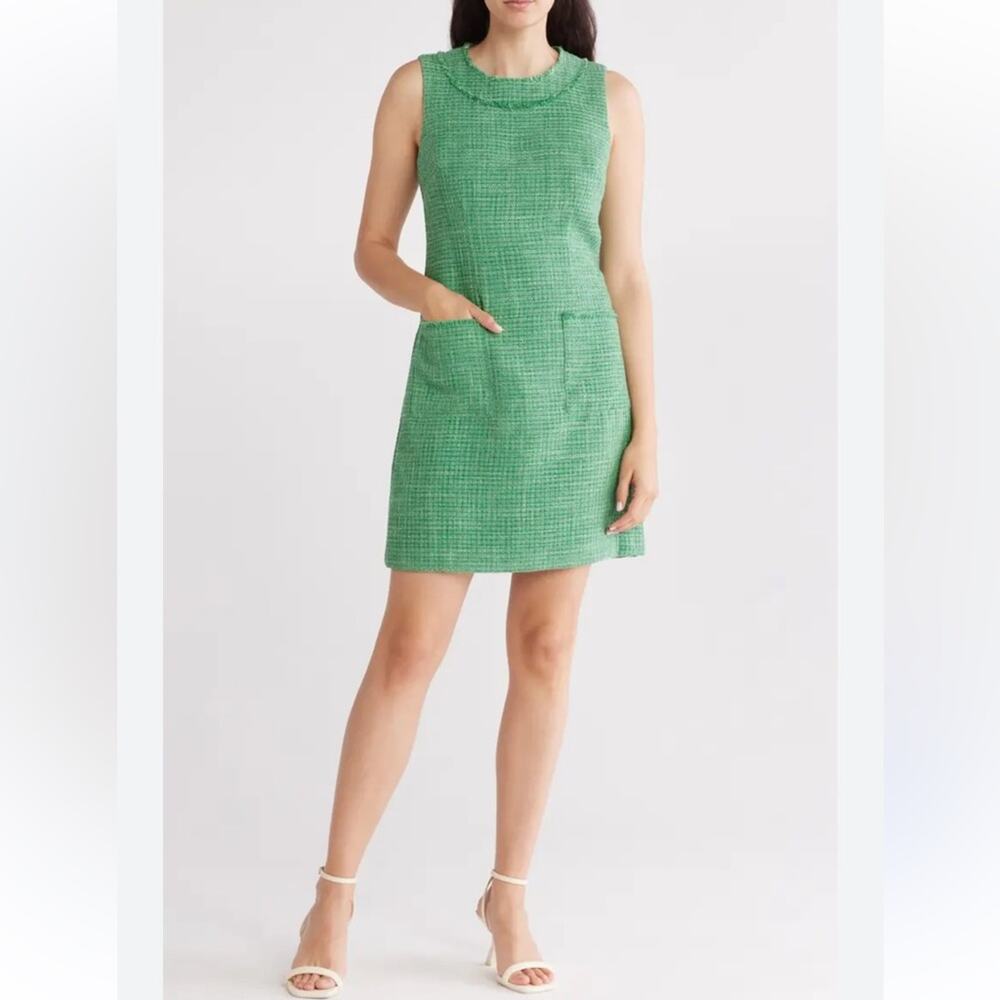 Eliza J Green Tweed Shift Dress Sleeveless Lined Size 6 Classic Workwear Mod
